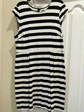 LOFT cap Sleeve Black and White Striped Shift Dress